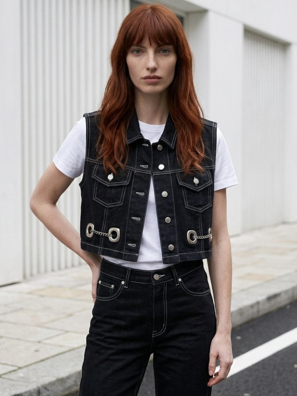 Vintage 1980s Black Distressed Chain Biker Moto Goth Grunge Jean Vest XL